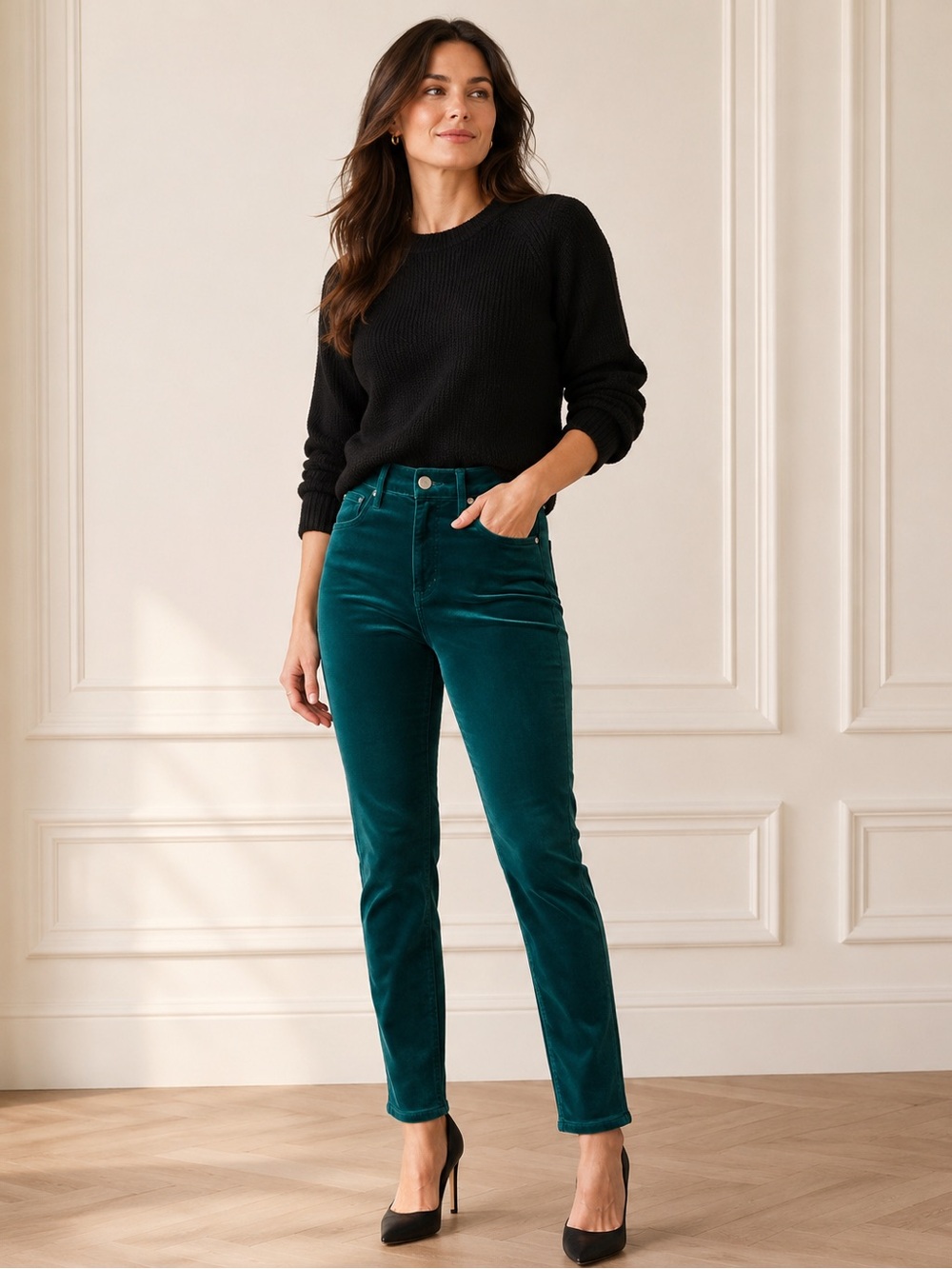 AG for Anthropologie Teal Velvet High Rise Straight-Leg Jeans